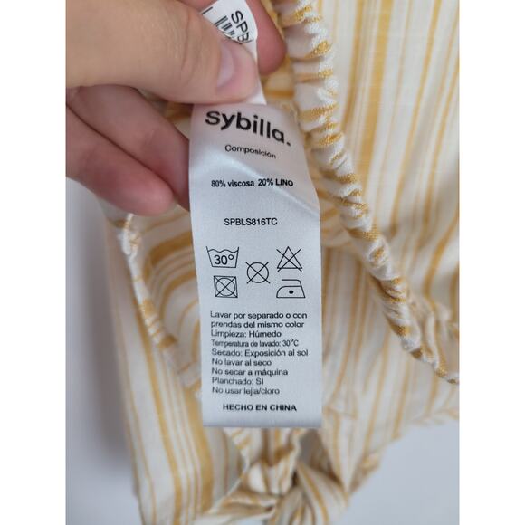 Sybilla Women's Yellow Cream Striped Tie in Front Sleeveless Blouse Sz L - Picture 9 of 9